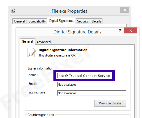 Screenshot of the Intel® Trusted Connect Service certificate